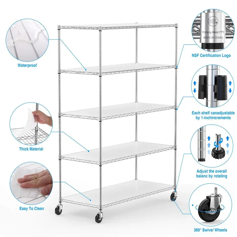 Étagère de rangement en fil métallique robuste à 5 niveaux avec roulettes, blanc et chrome
