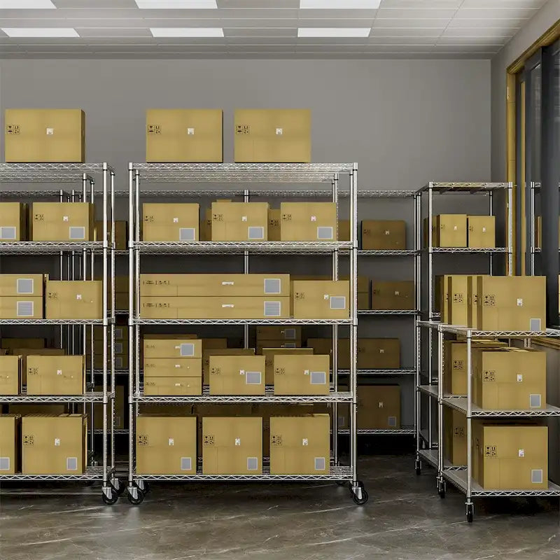 Étagère de rangement en fil métallique robuste à 5 niveaux avec roulettes, blanc et chrome