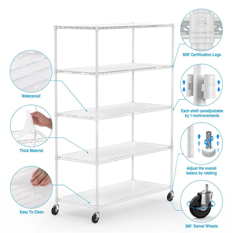 Étagère de rangement en fil métallique robuste à 5 niveaux avec roulettes, blanc et chrome