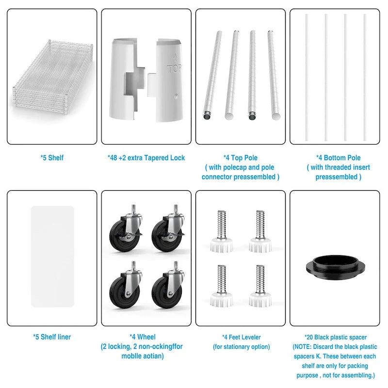 Étagère de rangement en fil métallique robuste à 5 niveaux avec roulettes, blanc et chrome