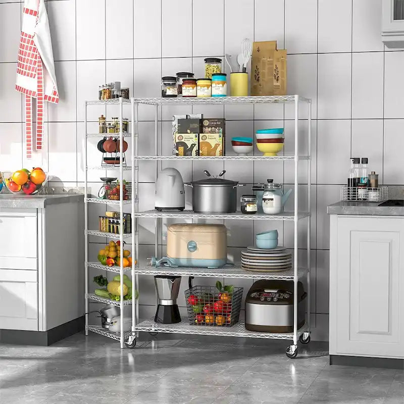Étagère de rangement en fil métallique robuste à 5 niveaux avec roulettes, blanc et chrome