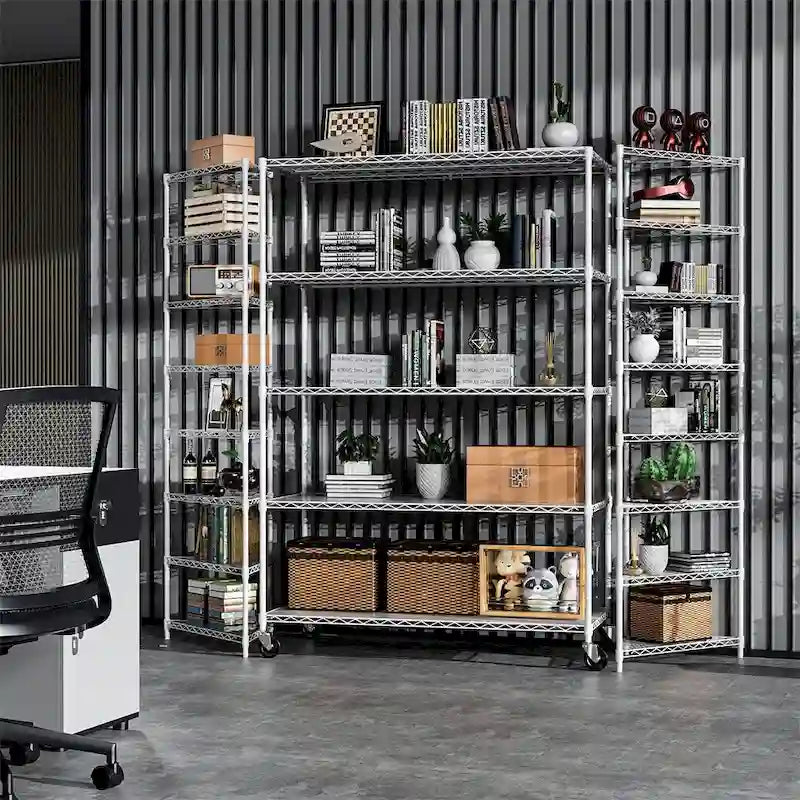 Étagère de rangement en fil métallique robuste à 5 niveaux avec roulettes, blanc et chrome