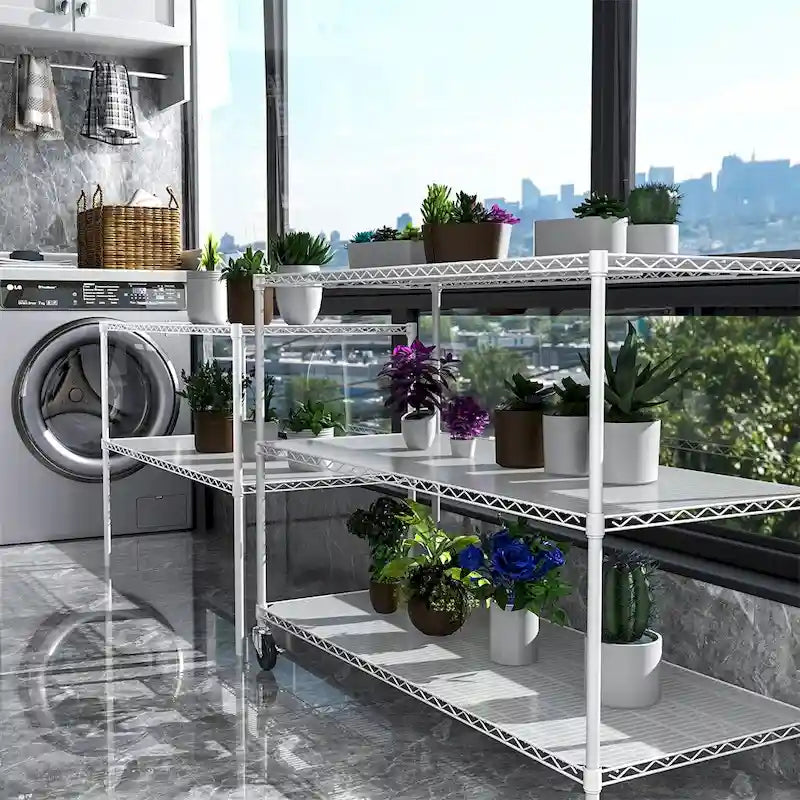 Étagère de rangement en fil métallique robuste à 5 niveaux avec roulettes, blanc et chrome