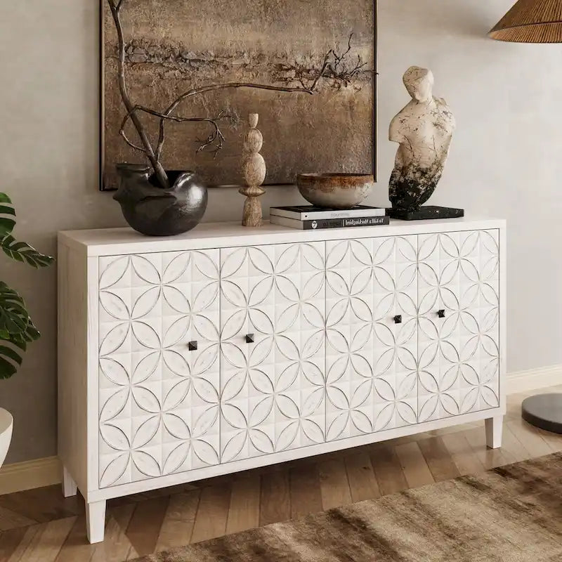 Bahut/Buffet 4 portes avec portes sculptées géométriques effet bois blanchi