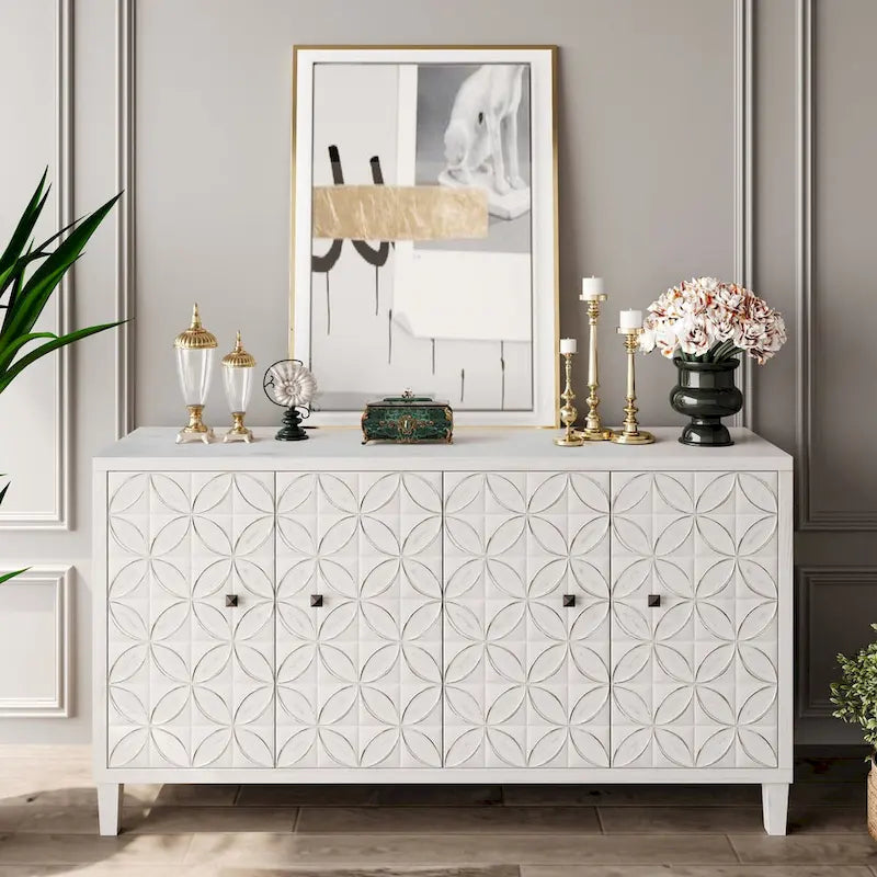 Bahut/Buffet 4 portes avec portes sculptées géométriques effet bois blanchi