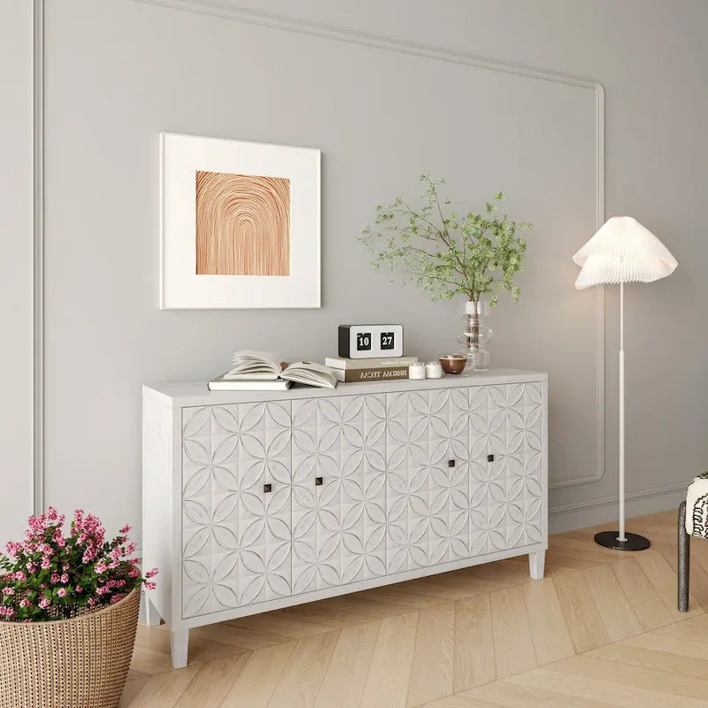 Bahut/Buffet 4 portes avec portes sculptées géométriques effet bois blanchi