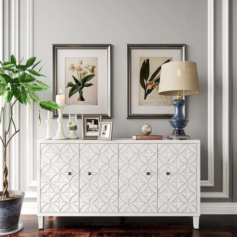 Bahut/Buffet 4 portes avec portes sculptées géométriques effet bois blanchi