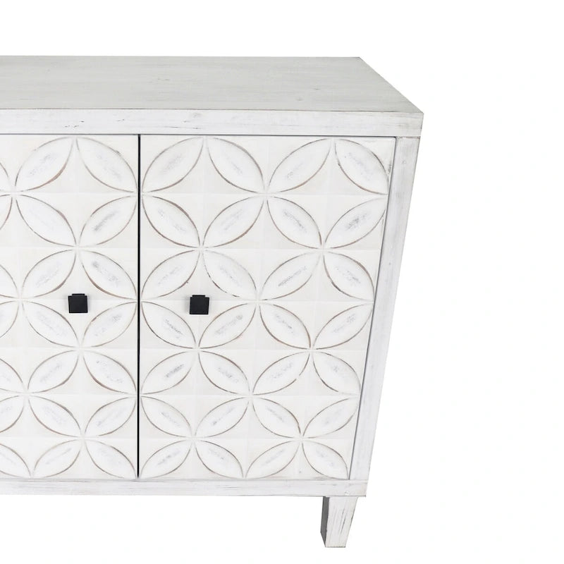 Bahut/Buffet 4 portes avec portes sculptées géométriques effet bois blanchi