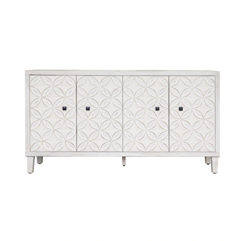 Bahut/Buffet 4 portes avec portes sculptées géométriques effet bois blanchi