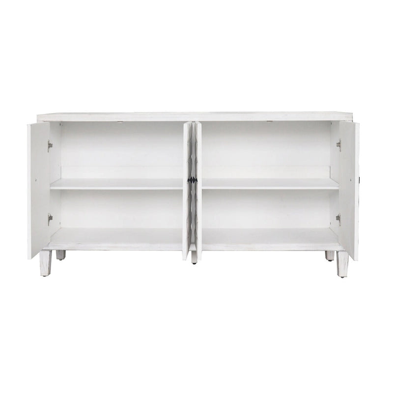 Bahut/Buffet 4 portes avec portes sculptées géométriques effet bois blanchi