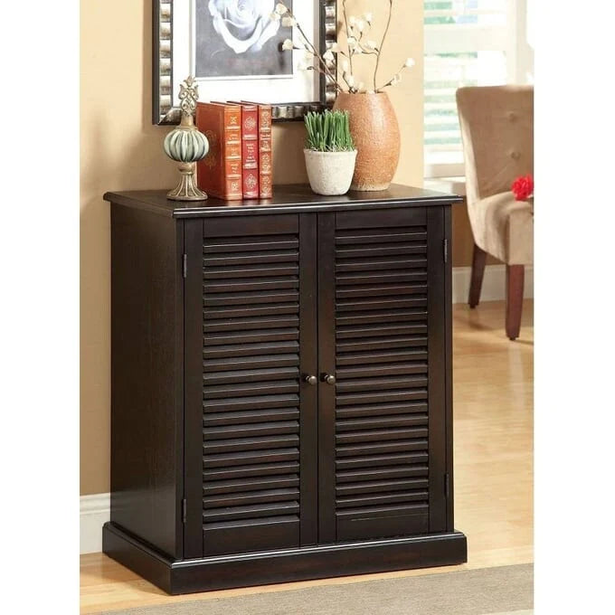 Meuble à chaussures de transition avec portes à persiennes, étagères réglables, espresso et chêne