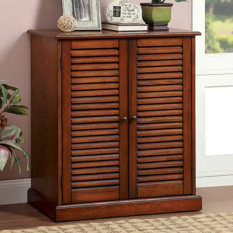 Meuble à chaussures de transition avec portes à persiennes, étagères réglables, espresso et chêne
