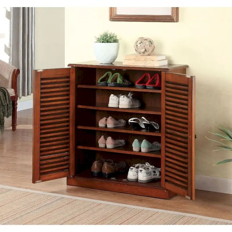 Meuble à chaussures de transition avec portes à persiennes, étagères réglables, espresso et chêne