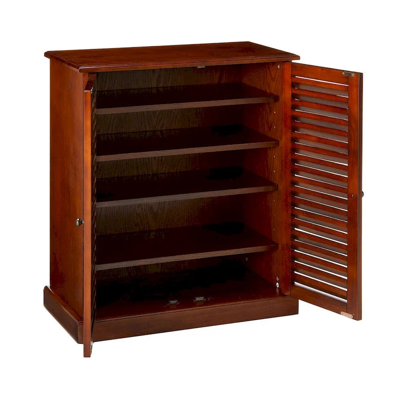 Meuble à chaussures de transition avec portes à persiennes, étagères réglables, espresso et chêne