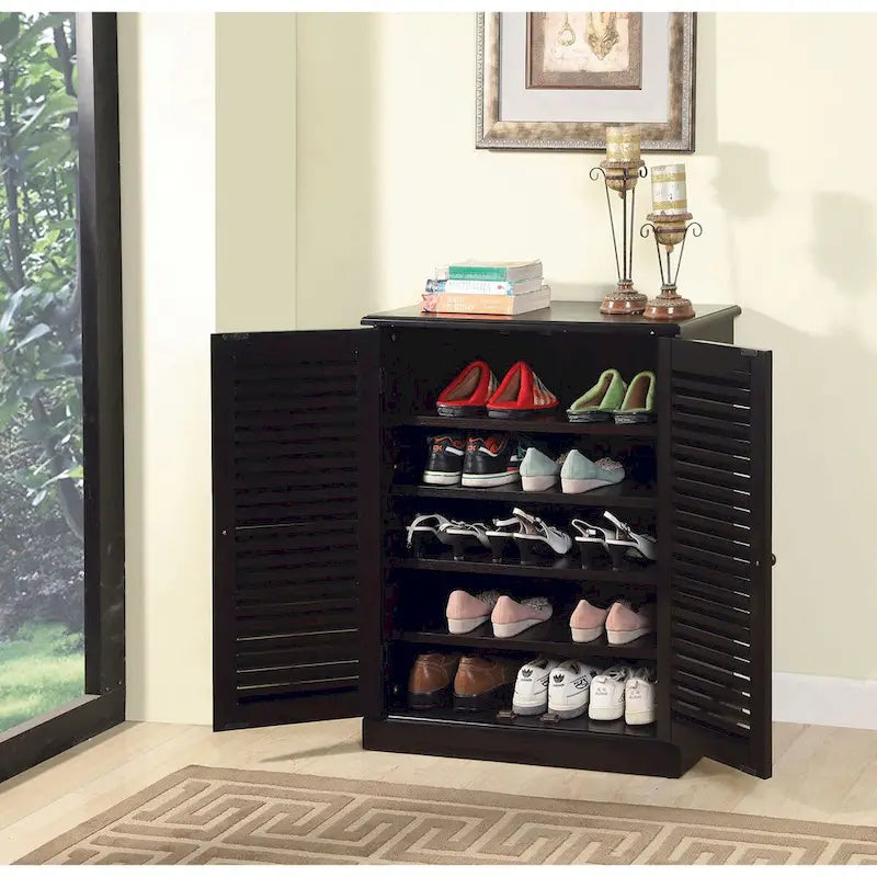 Meuble à chaussures de transition avec portes à persiennes, étagères réglables, espresso et chêne