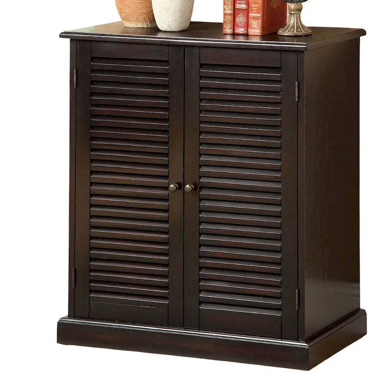 Meuble à chaussures de transition avec portes à persiennes, étagères réglables, espresso et chêne
