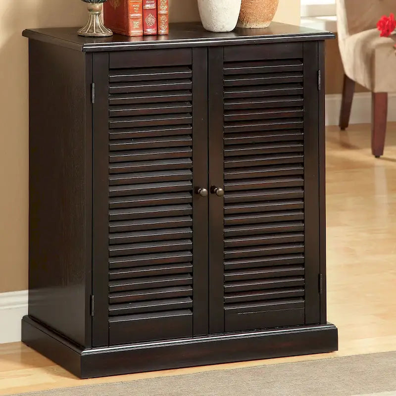 Meuble à chaussures de transition avec portes à persiennes, étagères réglables, espresso et chêne