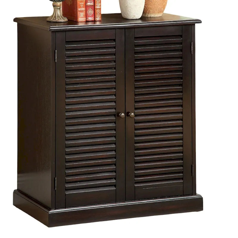 Meuble à chaussures de transition avec portes à persiennes, étagères réglables, espresso et chêne