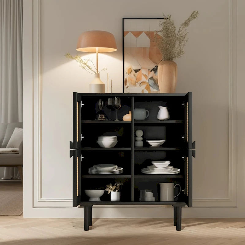 Buffet quatre portes en rotin noir avec poignées diamant et pieds en bois massif