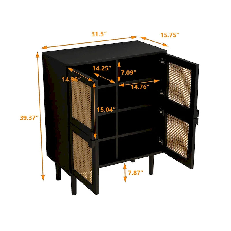 Buffet quatre portes en rotin noir avec poignées diamant et pieds en bois massif