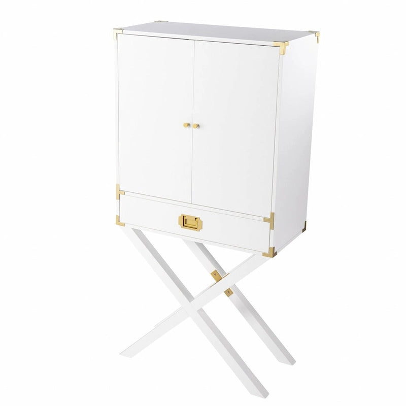 Meuble de bar blanc à deux portes avec base en X et quincaillerie dorée