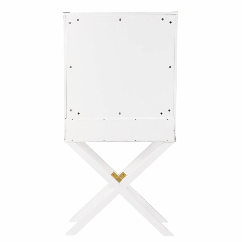Meuble de bar blanc à deux portes avec base en X et quincaillerie dorée