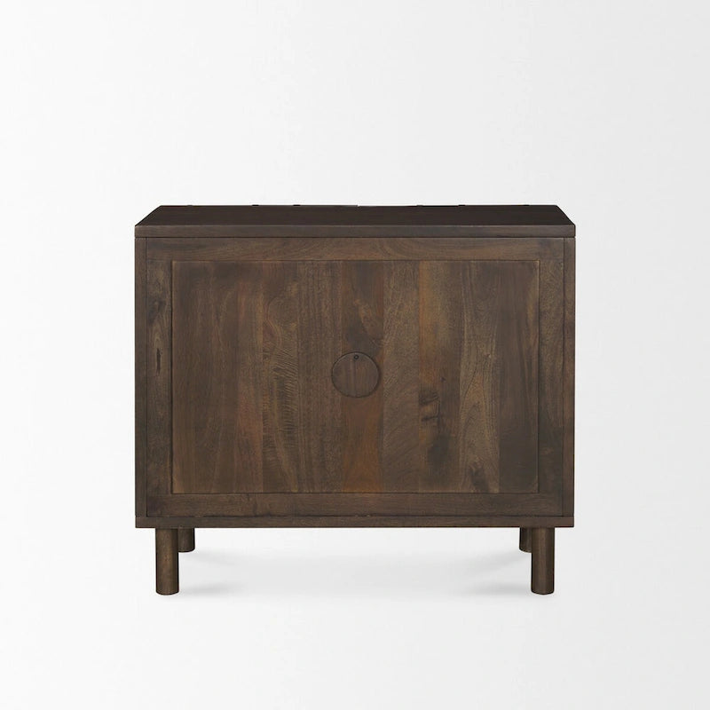 Meuble d'appoint en bois massif brun foncé avec portes et étagère sculptées de motifs en losange