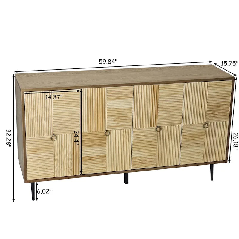 Bahut 4 portes avec panneaux en pin sculpté et pieds en fer