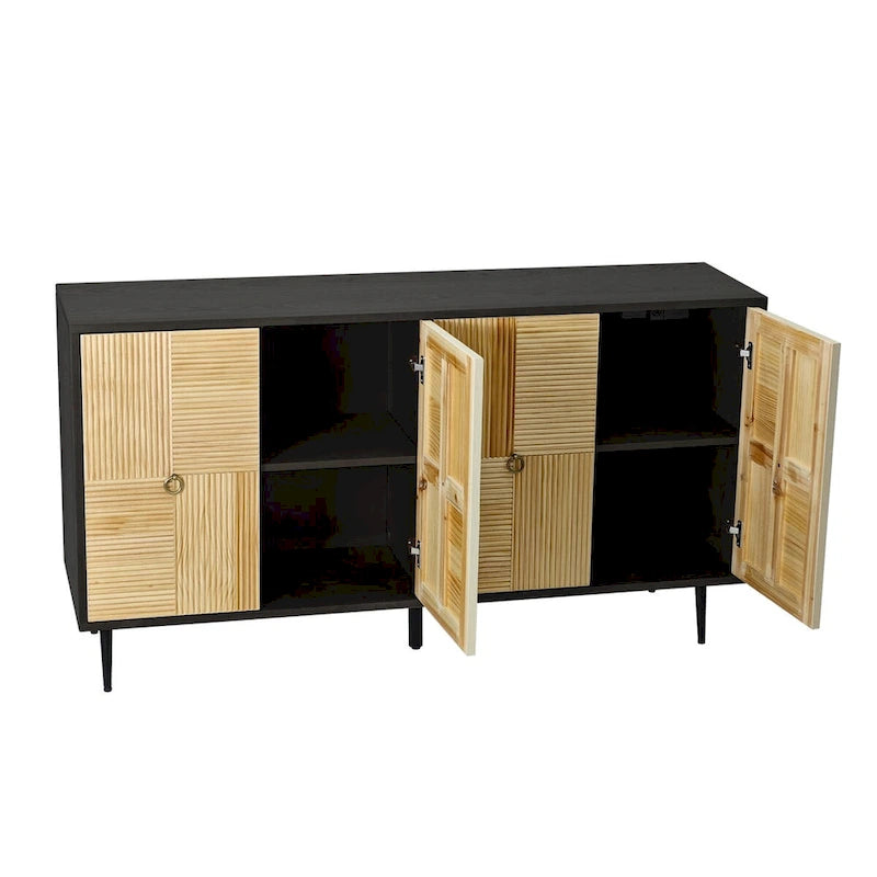 Bahut 4 portes avec panneaux en pin sculpté et pieds en fer
