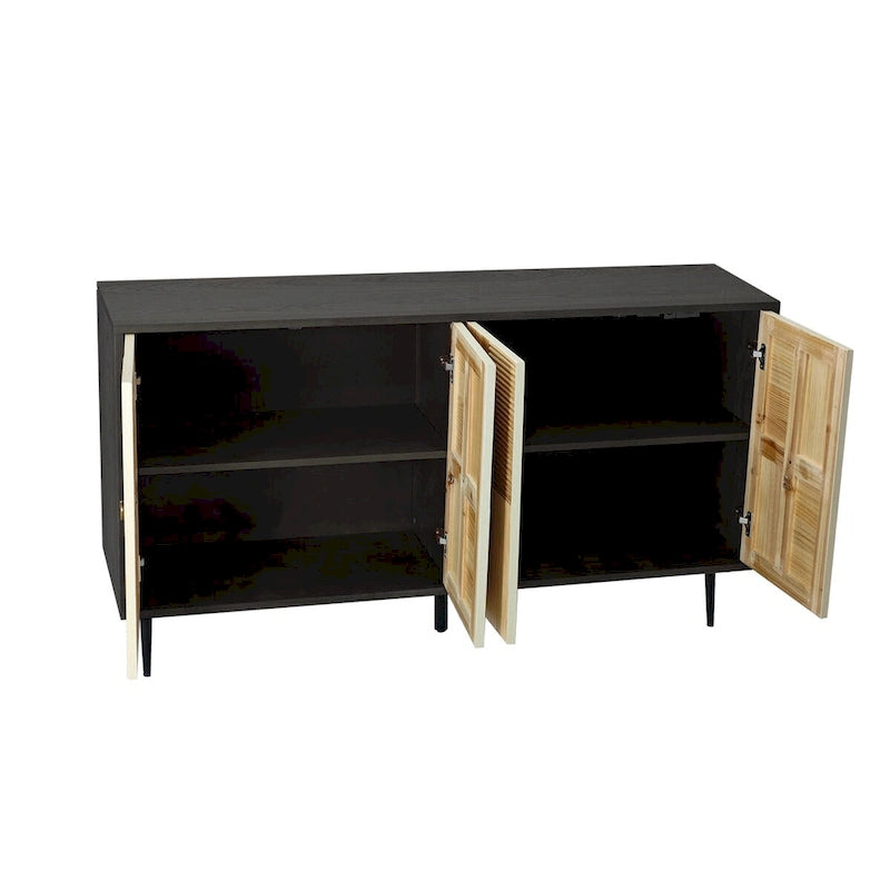 Bahut 4 portes avec panneaux en pin sculpté et pieds en fer