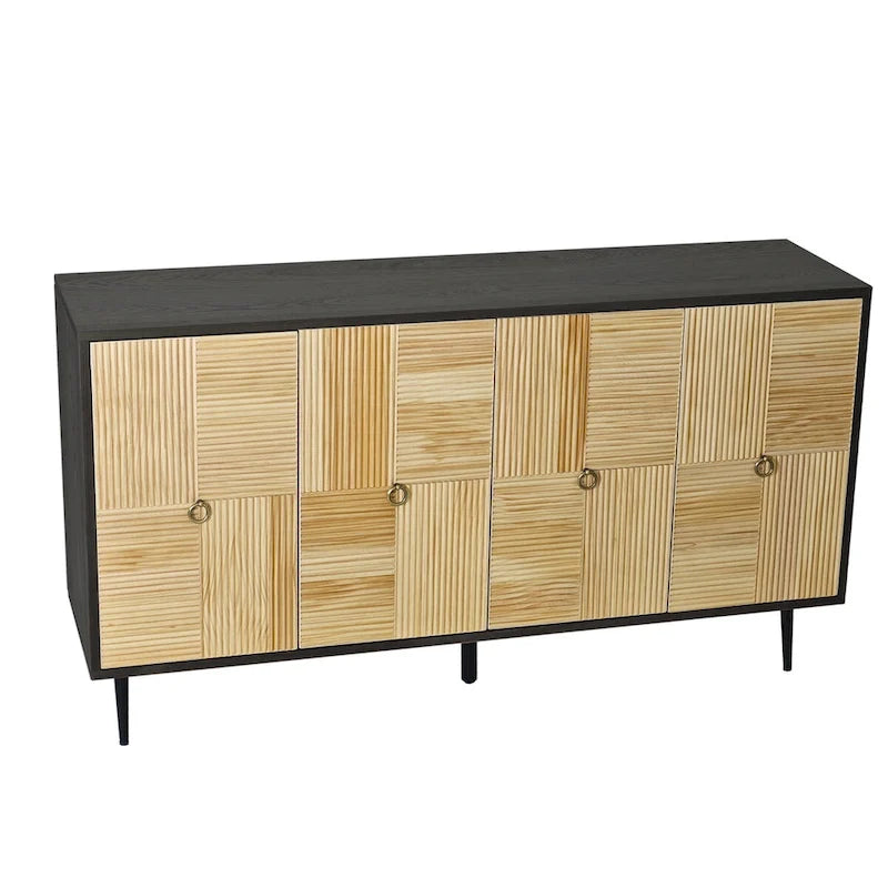 Bahut 4 portes avec panneaux en pin sculpté et pieds en fer