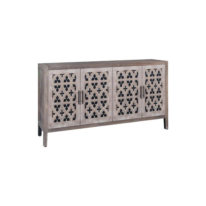 Buffet en bois à quatre portes, motifs floraux évidés, finition marron antique