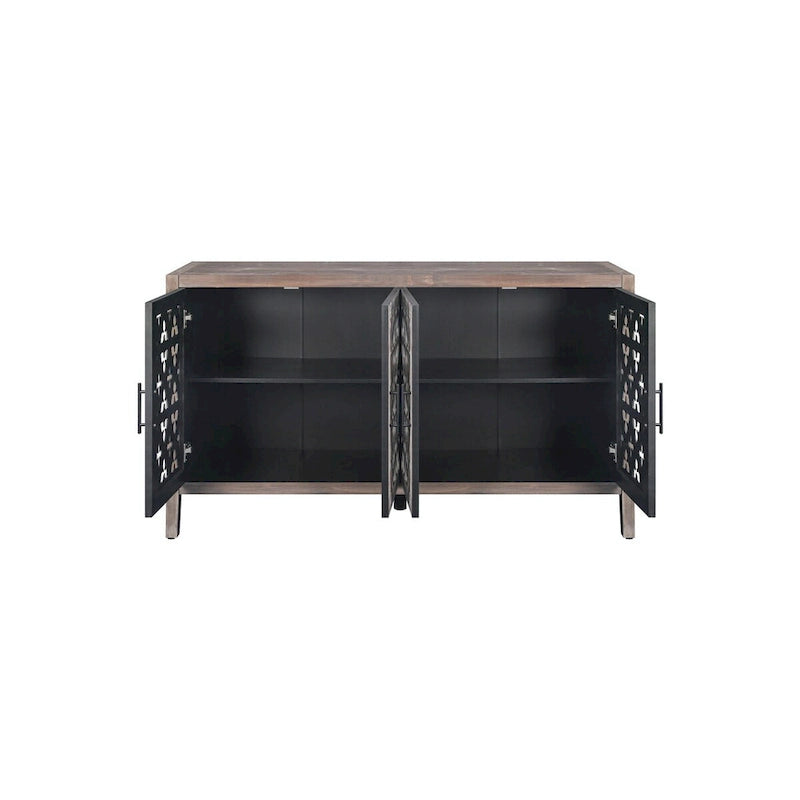 Buffet en bois à quatre portes, motifs floraux évidés, finition marron antique
