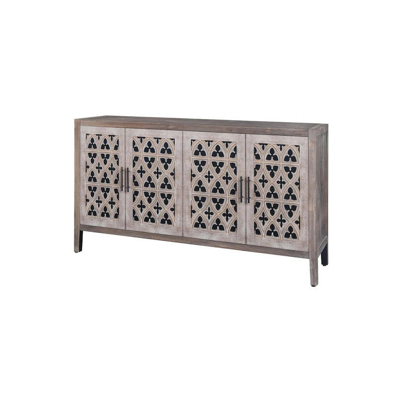 Buffet en bois à quatre portes, motifs floraux évidés, finition marron antique
