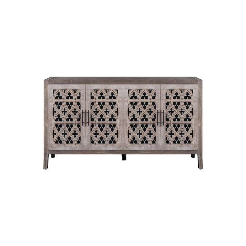 Buffet en bois à quatre portes, motifs floraux évidés, finition marron antique