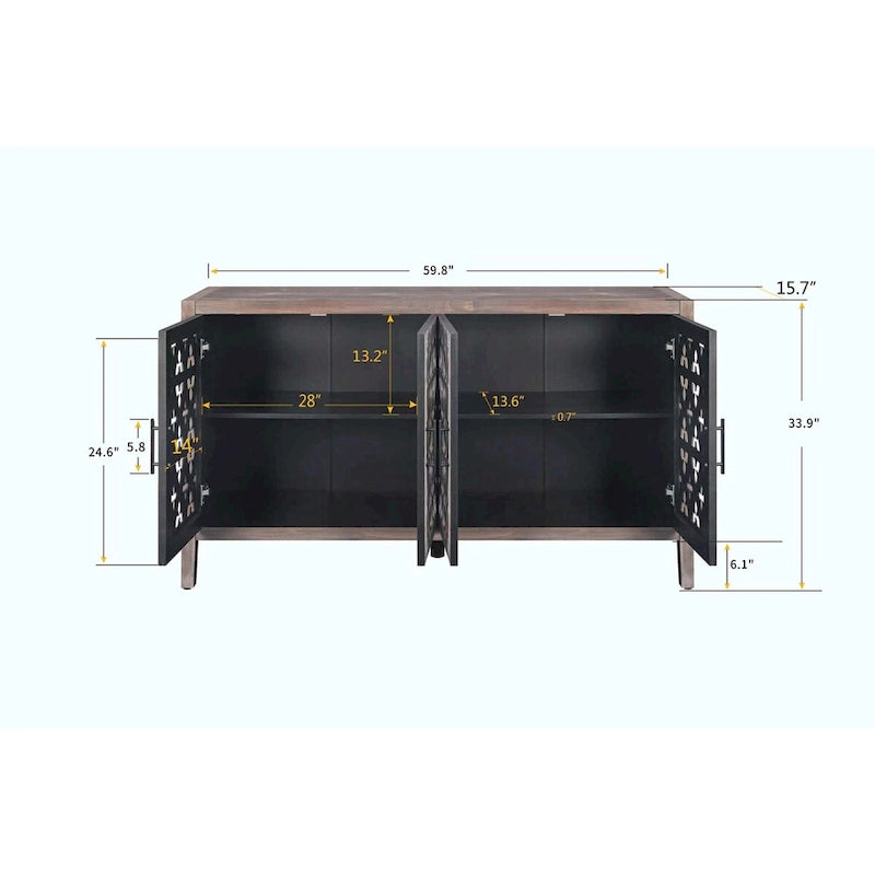 Buffet en bois à quatre portes, motifs floraux évidés, finition marron antique