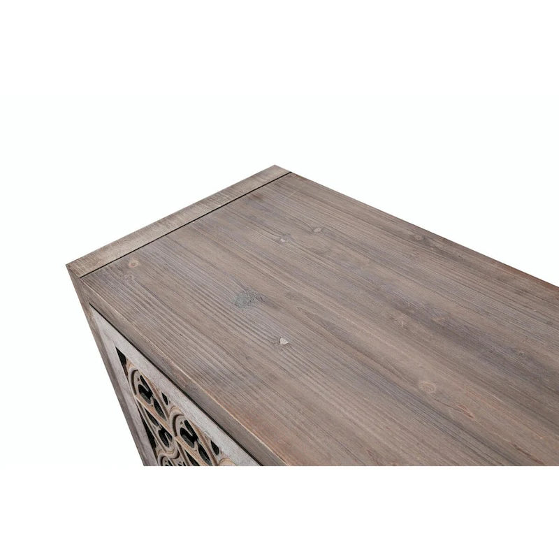 Buffet en bois à quatre portes, motifs floraux évidés, finition marron antique