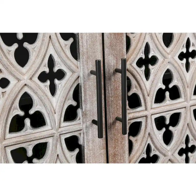 Buffet en bois à quatre portes, motifs floraux évidés, finition marron antique