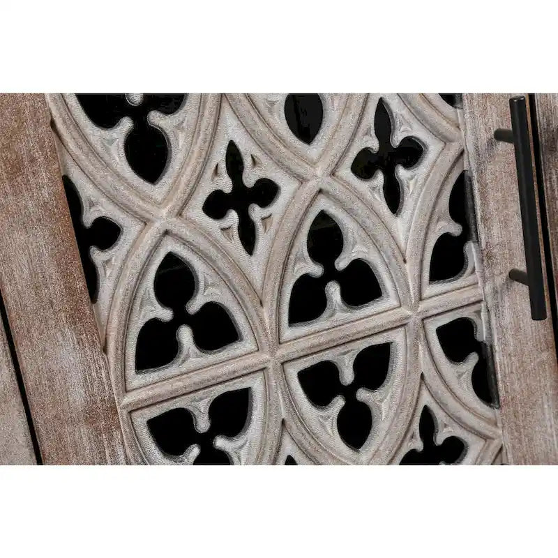 Buffet en bois à quatre portes, motifs floraux évidés, finition marron antique