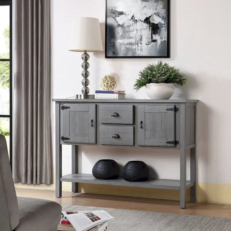 Buffet console de style rétro avec 2 tiroirs, 2 placards et étagère inférieure Gris antique