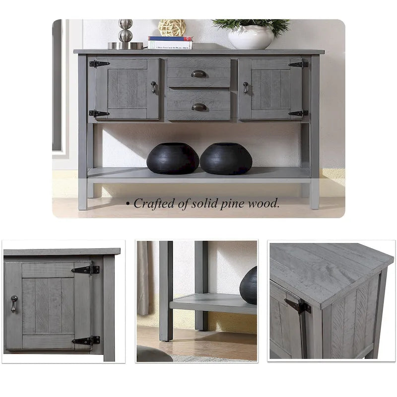 Buffet console de style rétro avec 2 tiroirs, 2 placards et étagère inférieure Gris antique