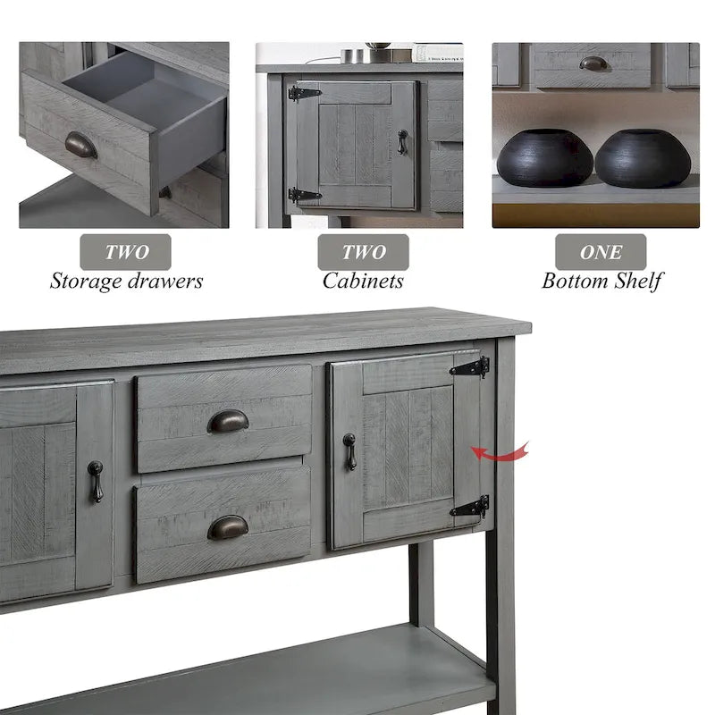 Buffet console de style rétro avec 2 tiroirs, 2 placards et étagère inférieure Gris antique