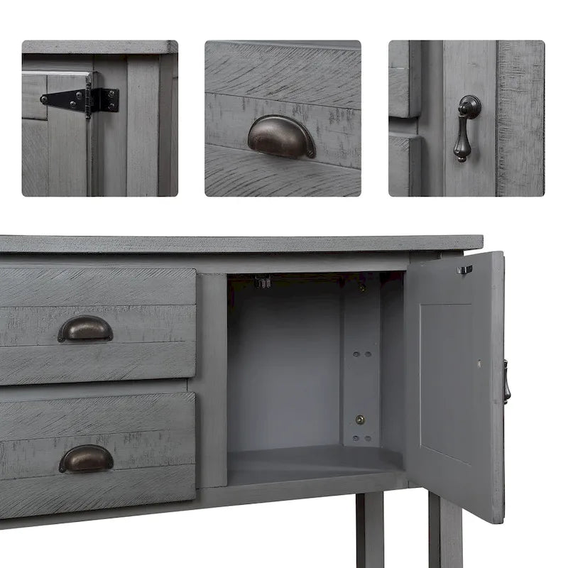 Buffet console de style rétro avec 2 tiroirs, 2 placards et étagère inférieure Gris antique