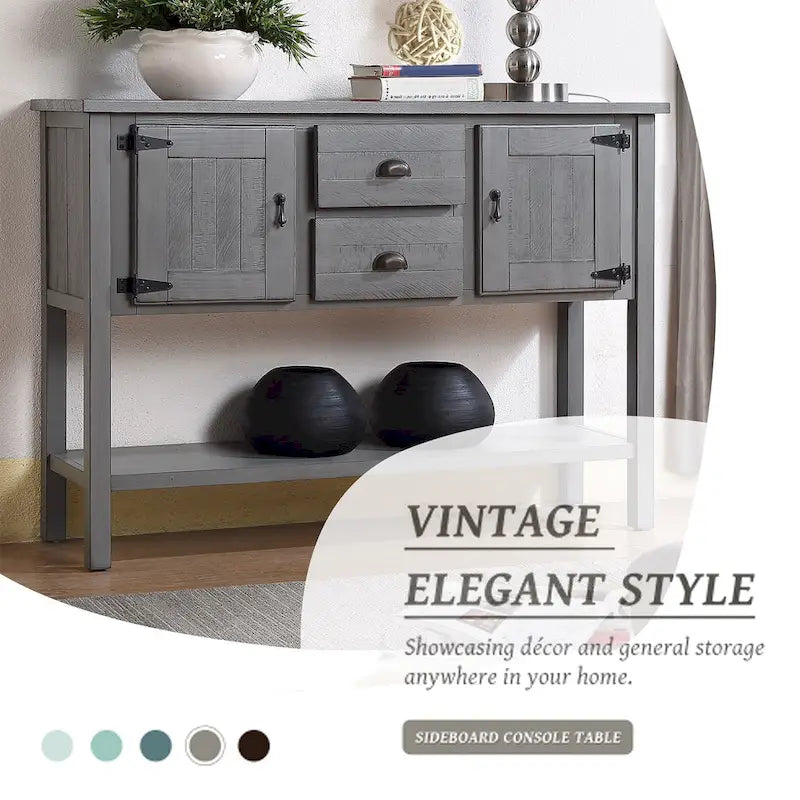 Buffet console de style rétro avec 2 tiroirs, 2 placards et étagère inférieure Gris antique