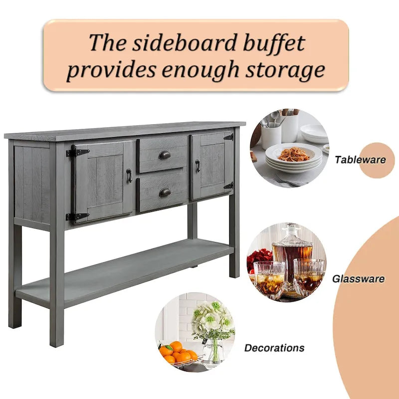 Buffet console de style rétro avec 2 tiroirs, 2 placards et étagère inférieure Gris antique