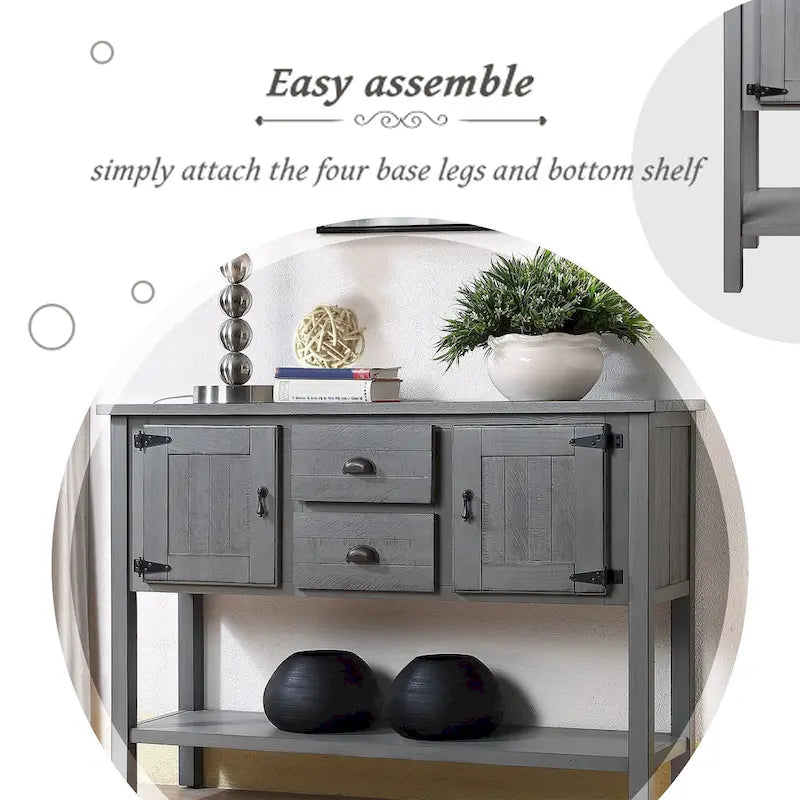 Buffet console de style rétro avec 2 tiroirs, 2 placards et étagère inférieure Gris antique