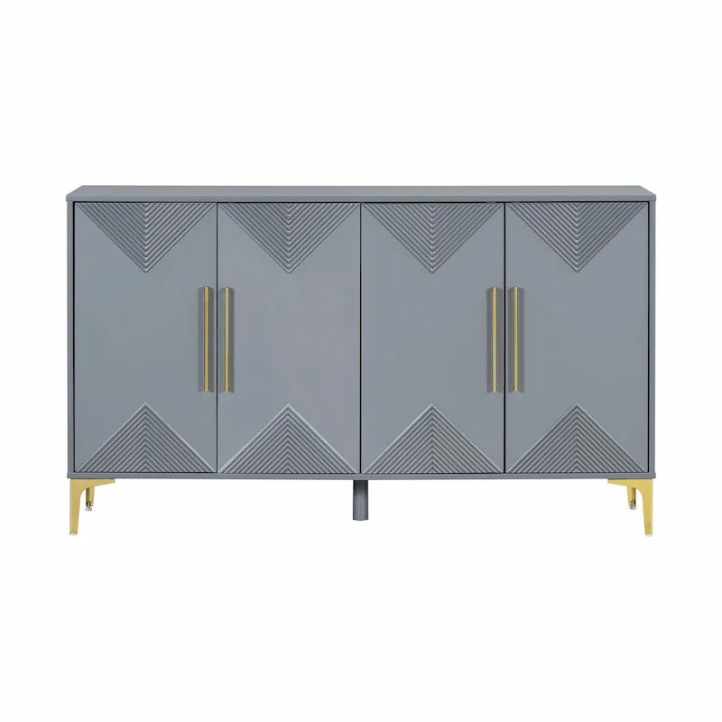 Buffet à motif triangulaire géométrique à quatre portes avec pieds en métal doré
