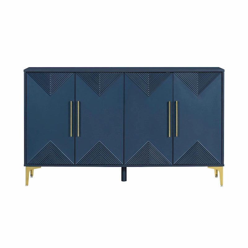 Buffet à motif triangulaire géométrique à quatre portes avec pieds en métal doré