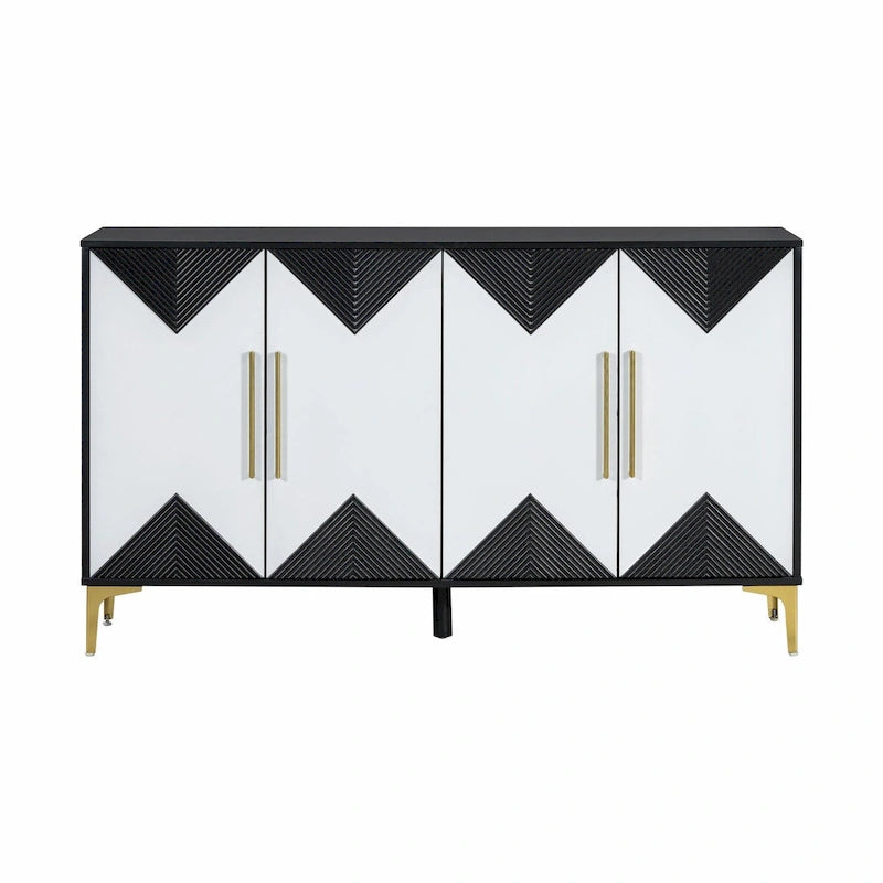 Buffet à motif triangulaire géométrique à quatre portes avec pieds en métal doré
