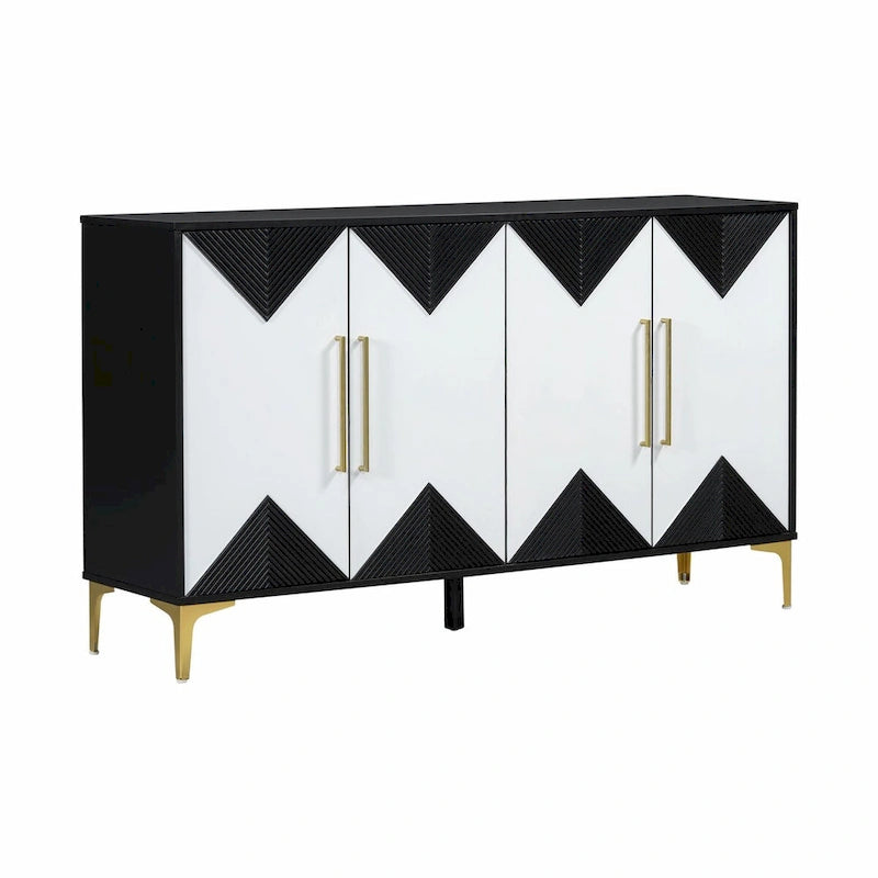 Buffet à motif triangulaire géométrique à quatre portes avec pieds en métal doré